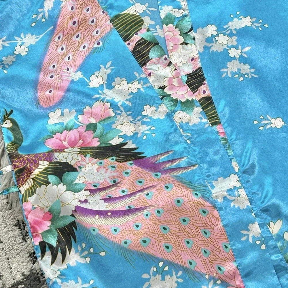 Children's One Size Blue Kimono Robe Top With Peacock Design